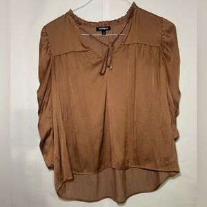 Express Coppery Brown Satin Tie-Neck Peasant Top W/ Ruched Sleeves Size Small
